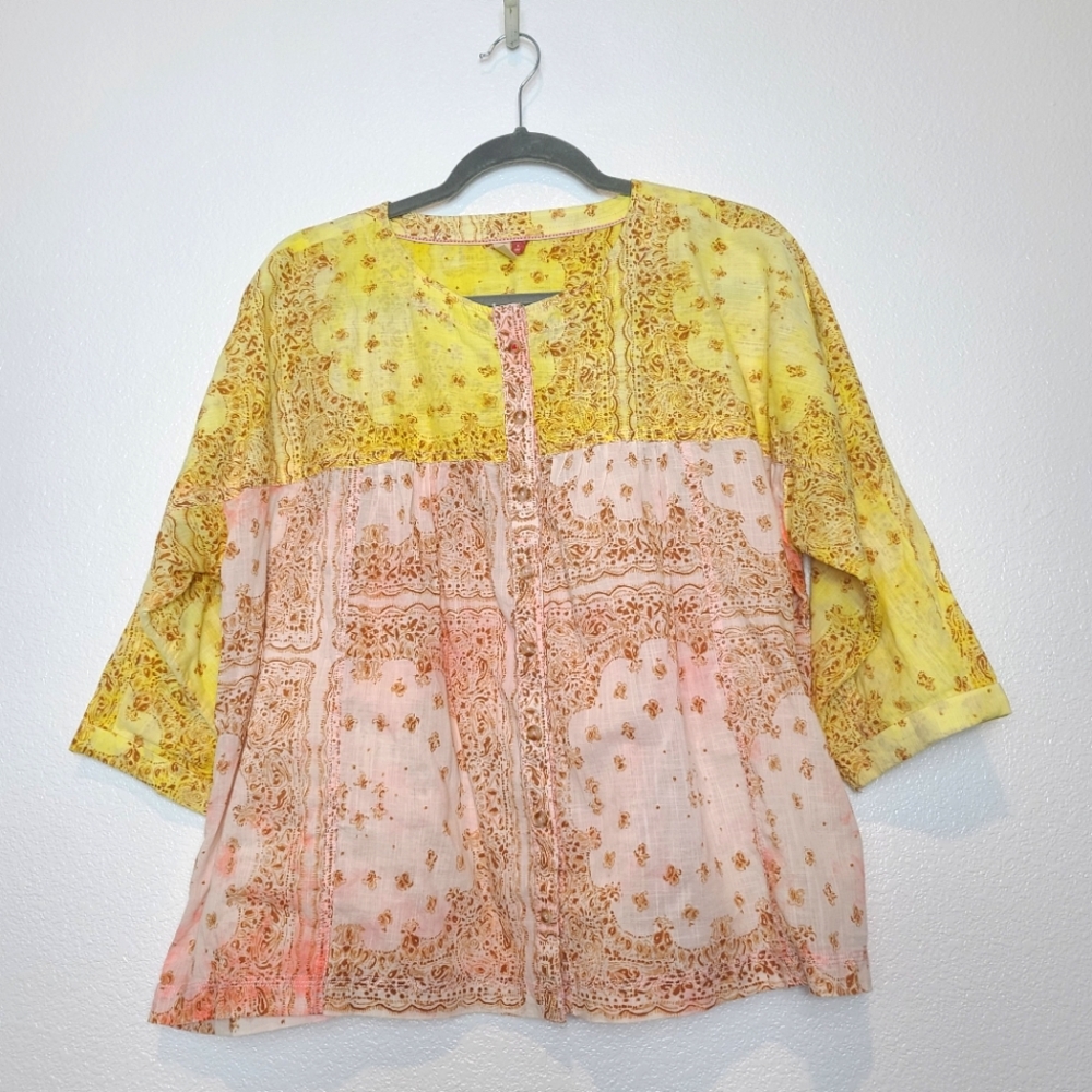Anthropologie Pilcro Tavi Batik Boho Bandana Print Button Down Blouse Top - Picture 3 of 9